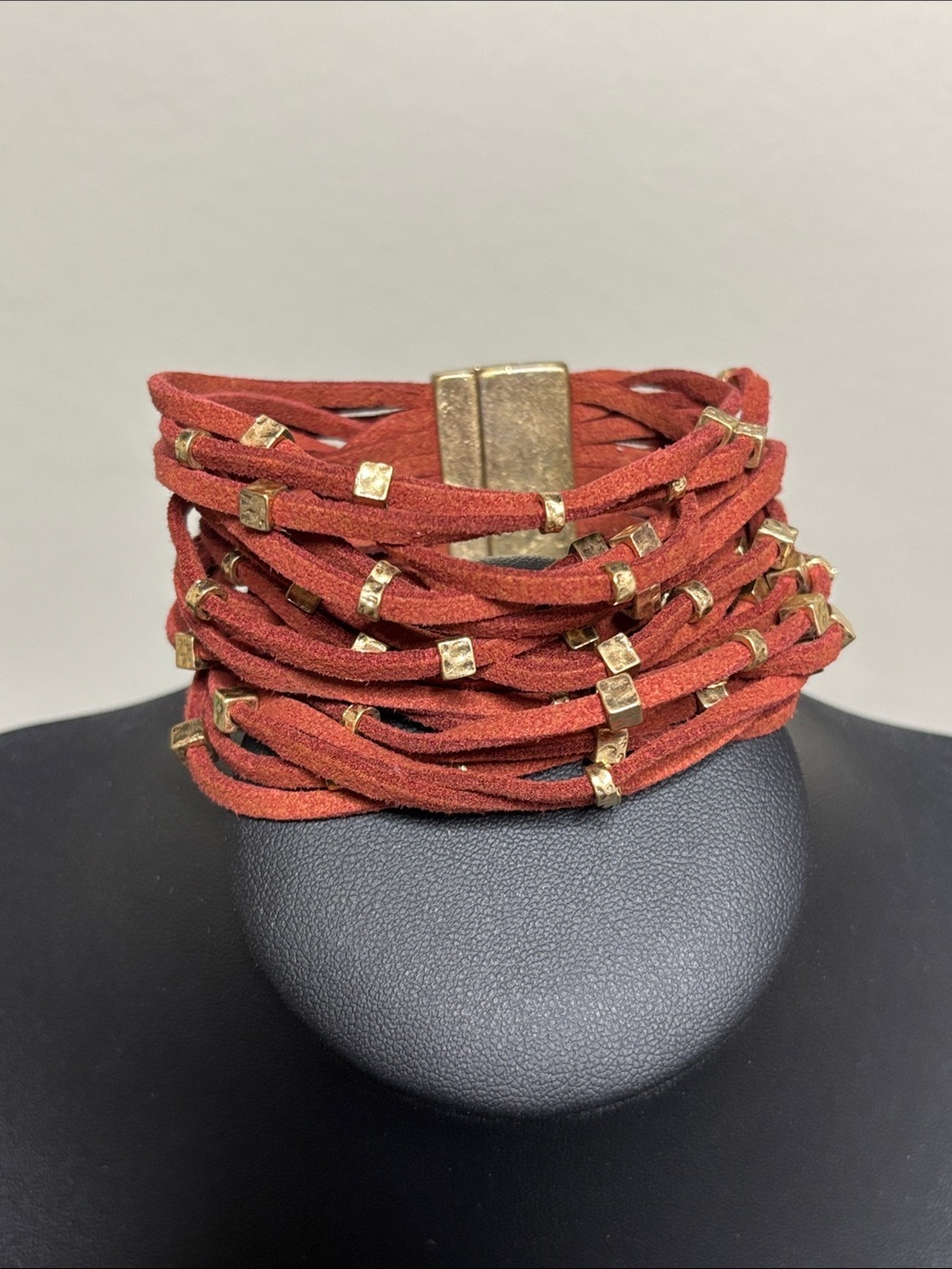 Boho Rust Suede Multi-Strand Wrap Bracelet with Gold Beads